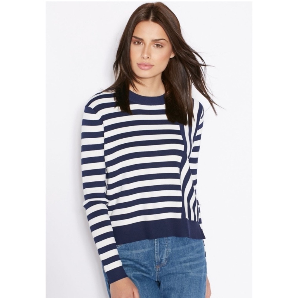 Topshop Asymmetrical Striped Crew Neck Navy Blue White Crew Neck Sweate…